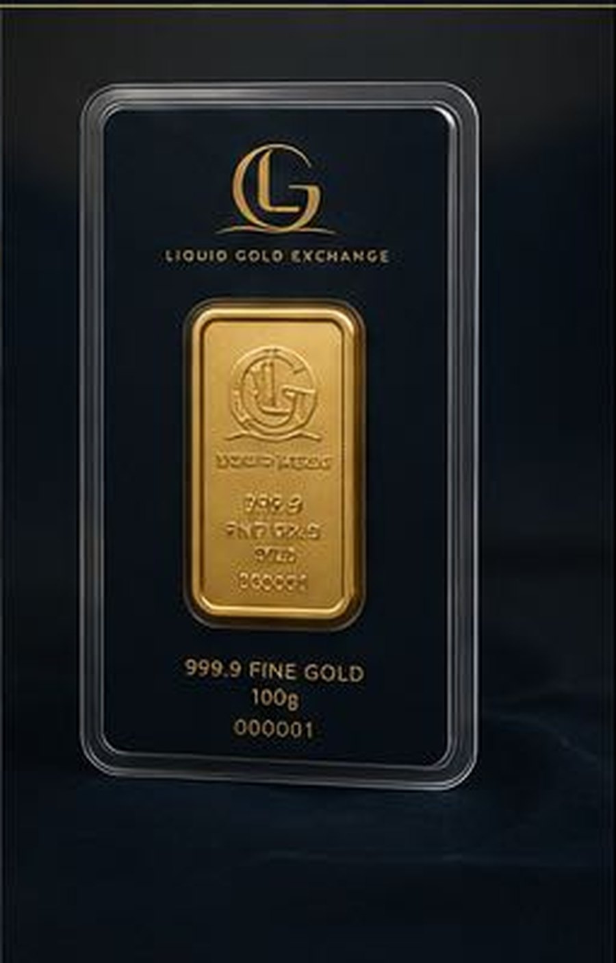 A 100g Liquid Gold Exchange 999.9 fine gold bar, sealed in a numbered assay card.