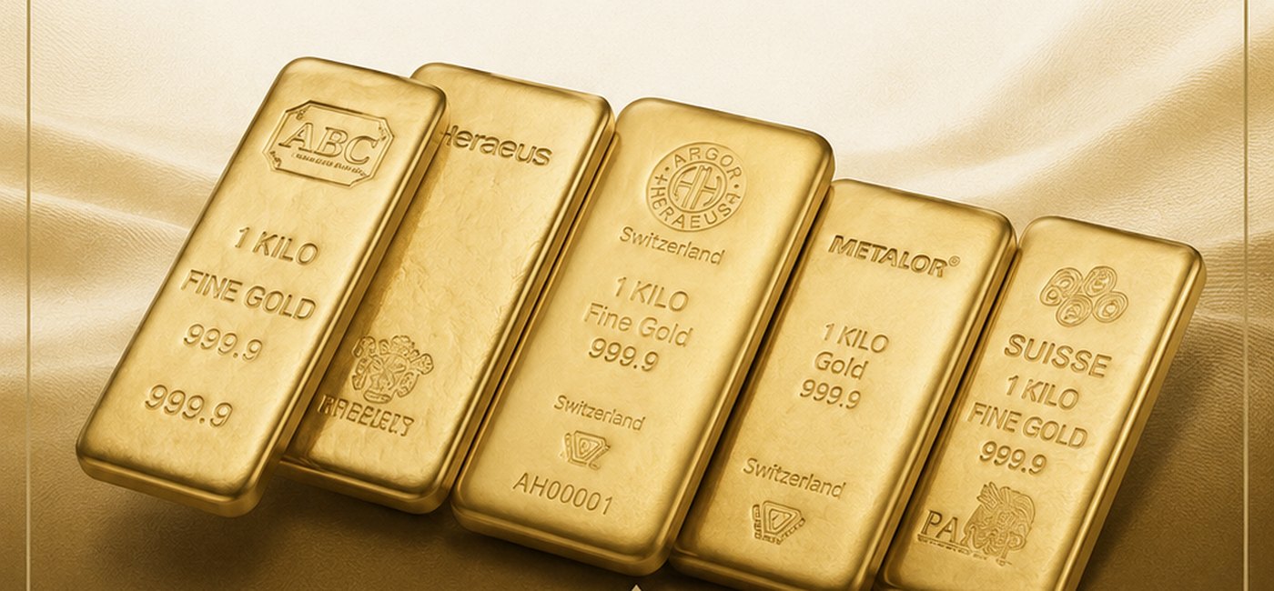 Five 1 kilo 999.9 fine gold cast bars from ABC, Heraeus, Argor-Heraeus, Metalor and PAMP Suisse.