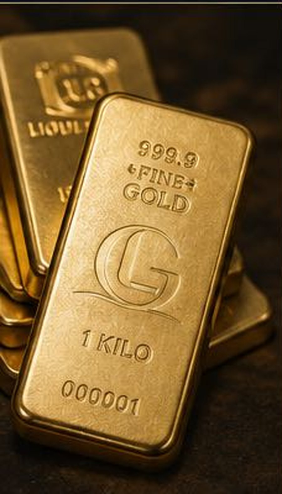 A 1 kilo 999.9 fine gold cast bar struck with the Liquid Gold Exchange monogram, resting on a stack of bars.